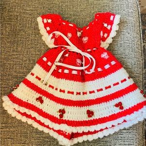 Vintage 70s/80s hand crocheted holiday red and white baby dress with florals